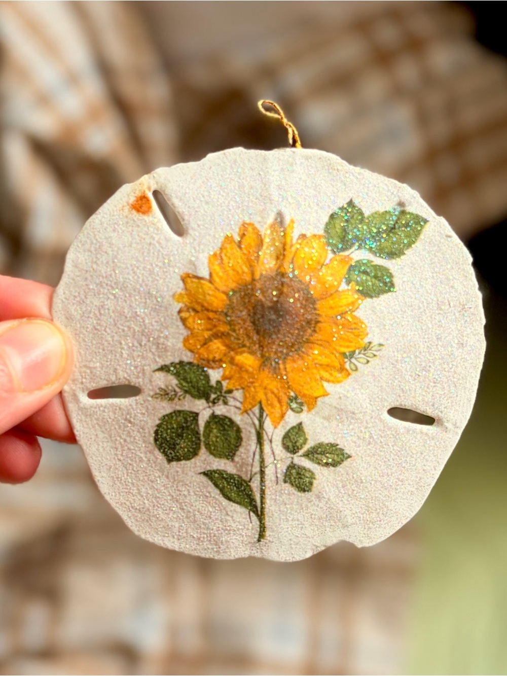 Glitter Gandmade Painted Sunflower Sand Dollar Hanging Accent